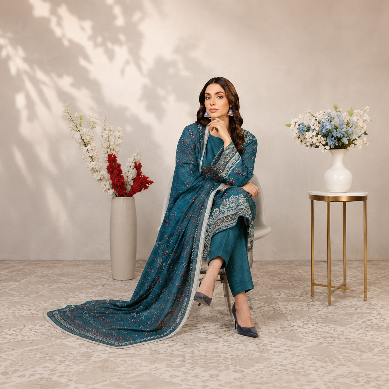 Unstiched Lawn 3pc suit with printed lawn dupatta