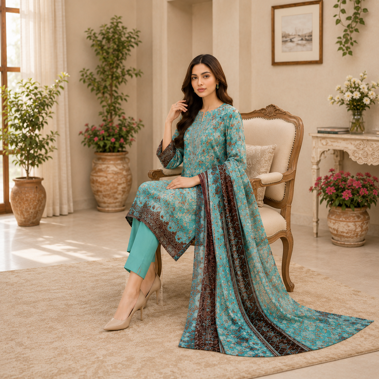 Bin Saeed Premium Unstiched Lawn 3 pc Suit with embroided shirt trouser and Embroided Lawn Dupatta