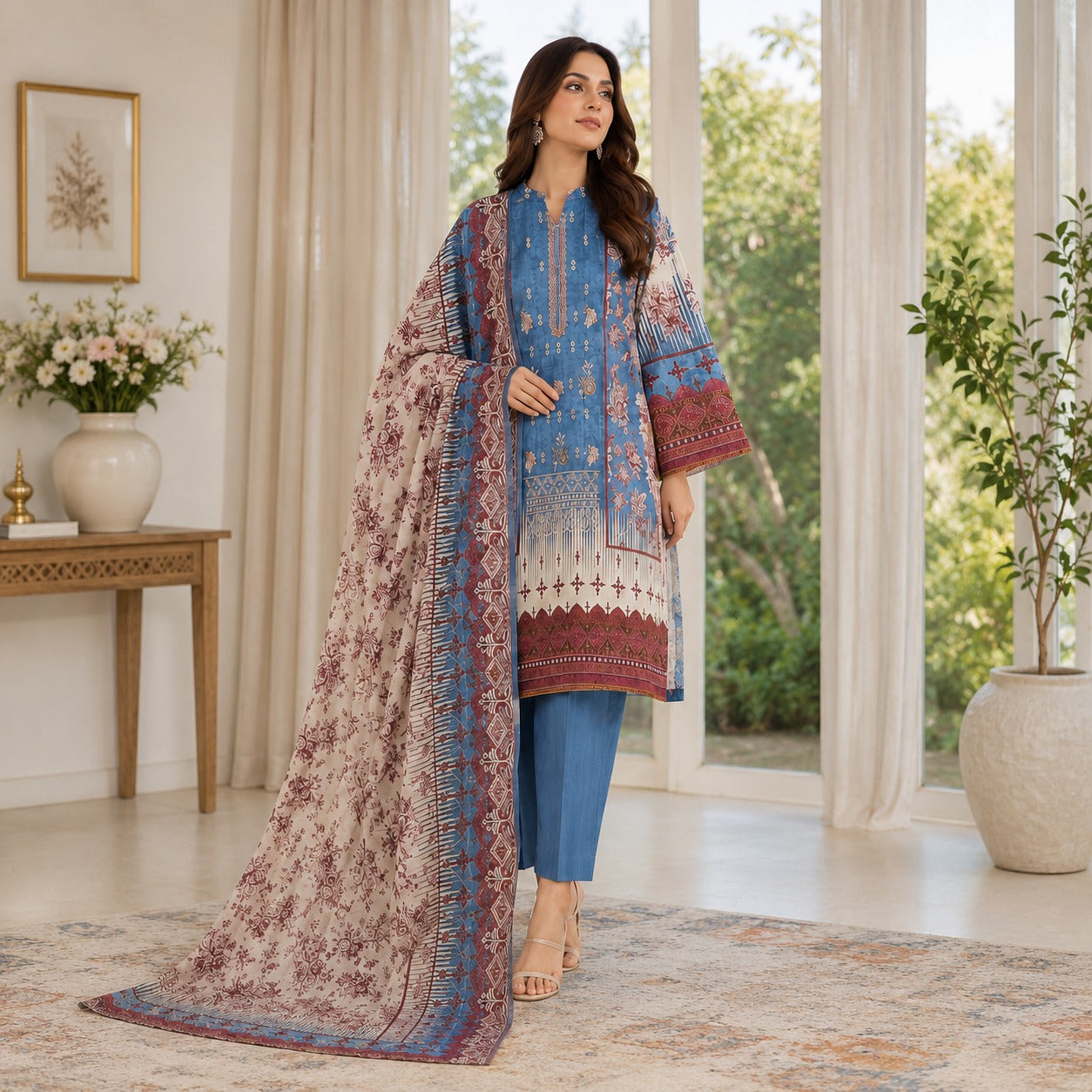Bin Saeed Premium Lawn Suit with Embroidered Dupatta
