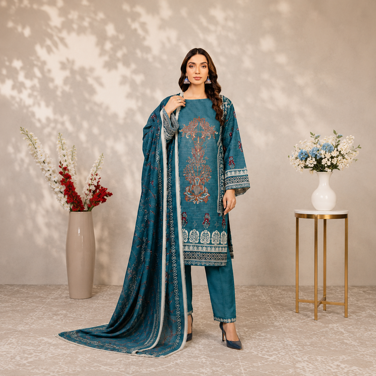 Unstiched Lawn 3pc suit with printed lawn dupatta