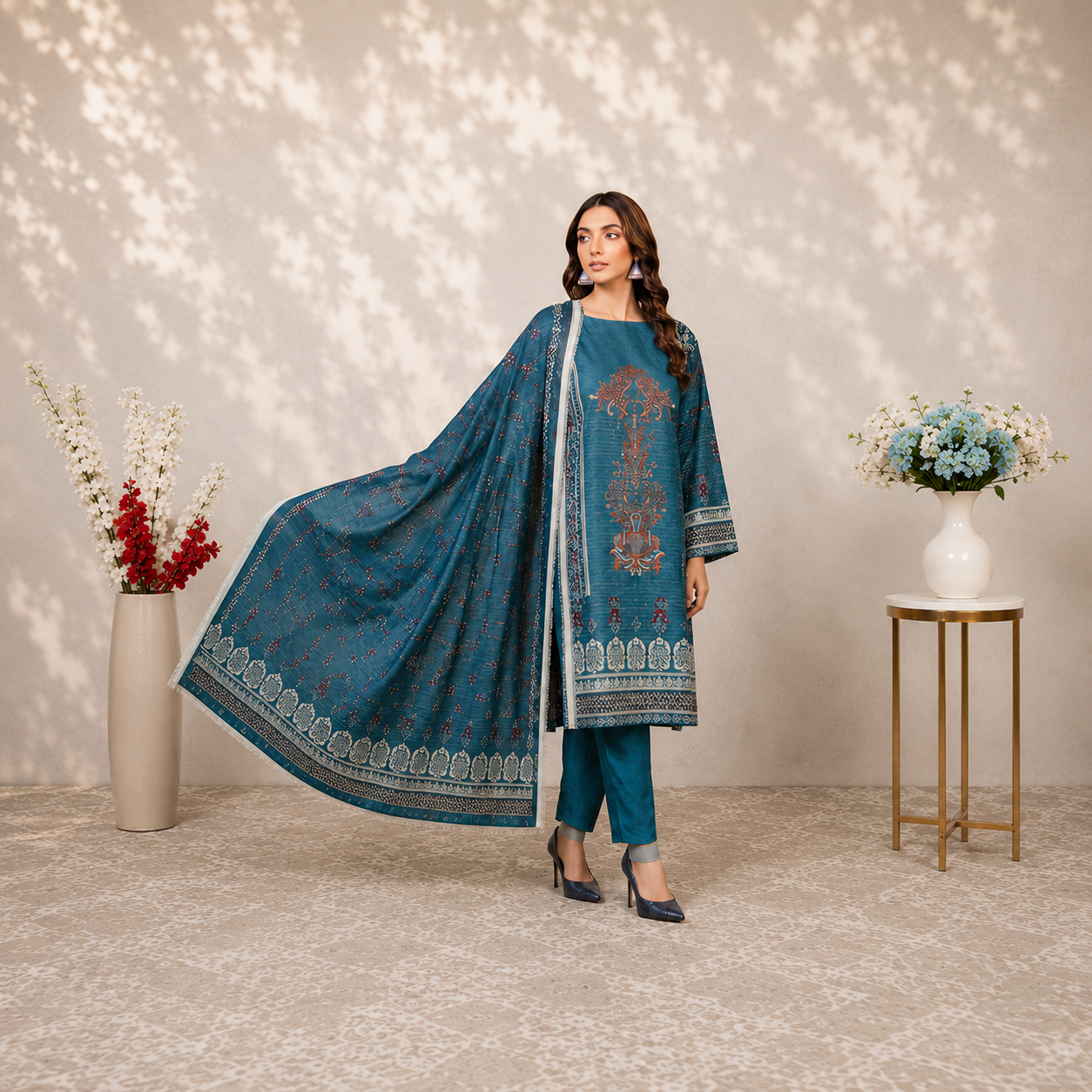 Unstiched Lawn 3pc suit with printed lawn dupatta