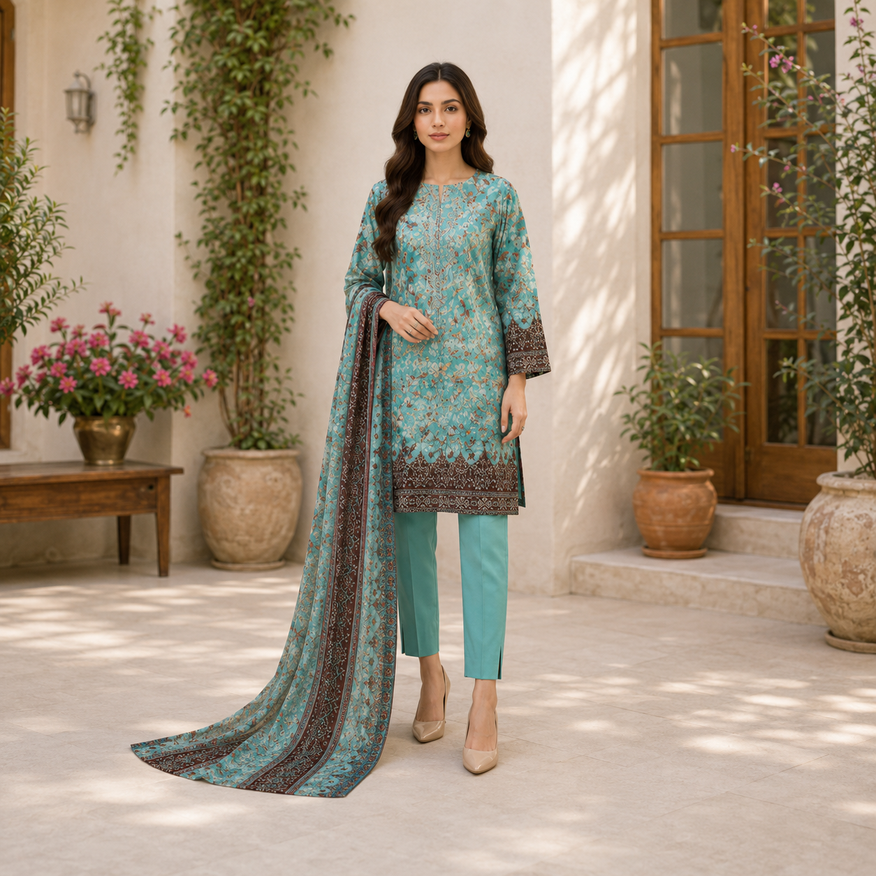 Bin Saeed Premium Unstiched Lawn 3 pc Suit with embroided shirt trouser and Embroided Lawn Dupatta