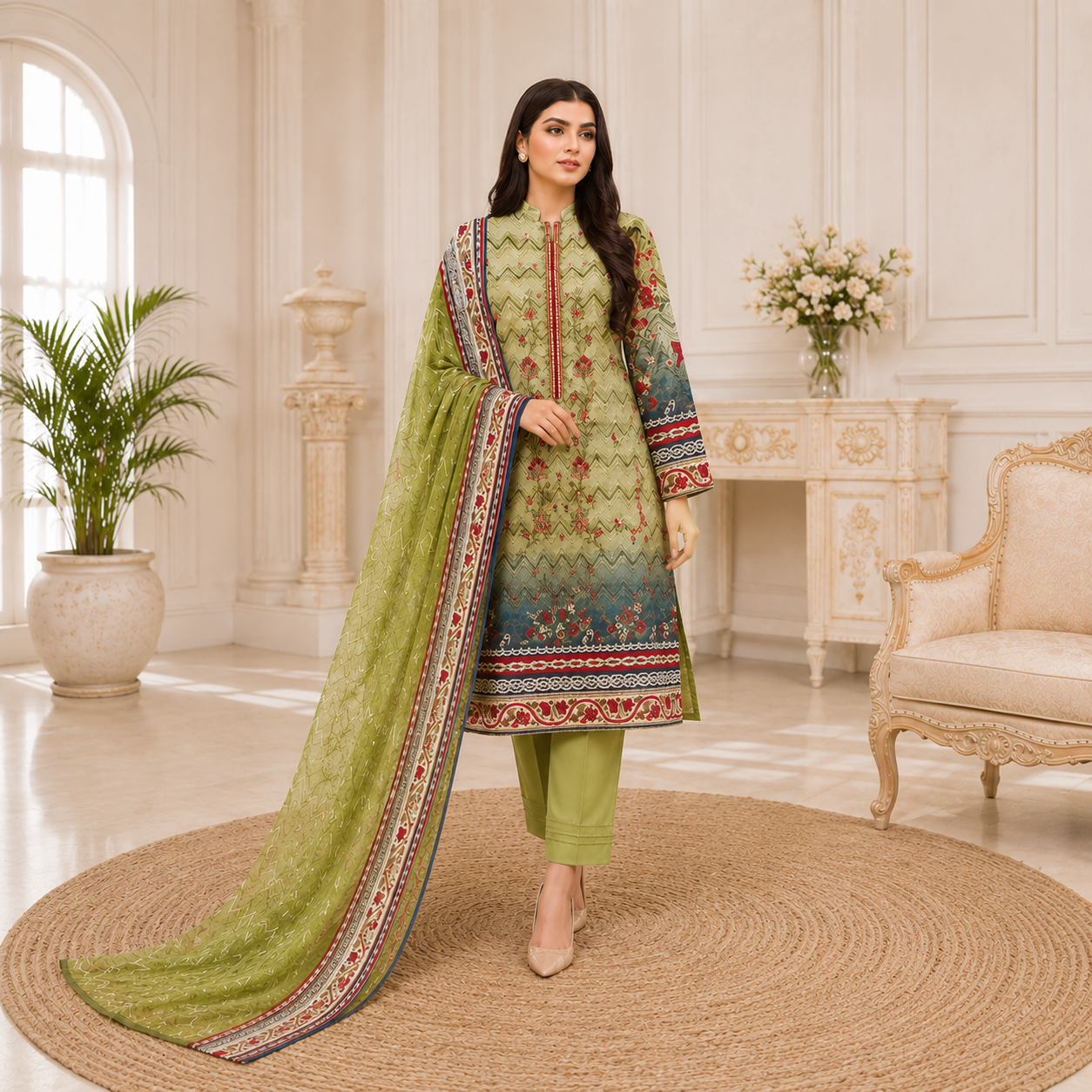 Unstiched 90-70 Lawn shirt,Chiffon Dupatta with Lawn Trouser