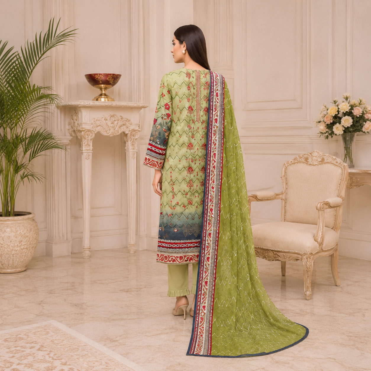 Unstiched 90-70 Lawn shirt,Chiffon Dupatta with Lawn Trouser