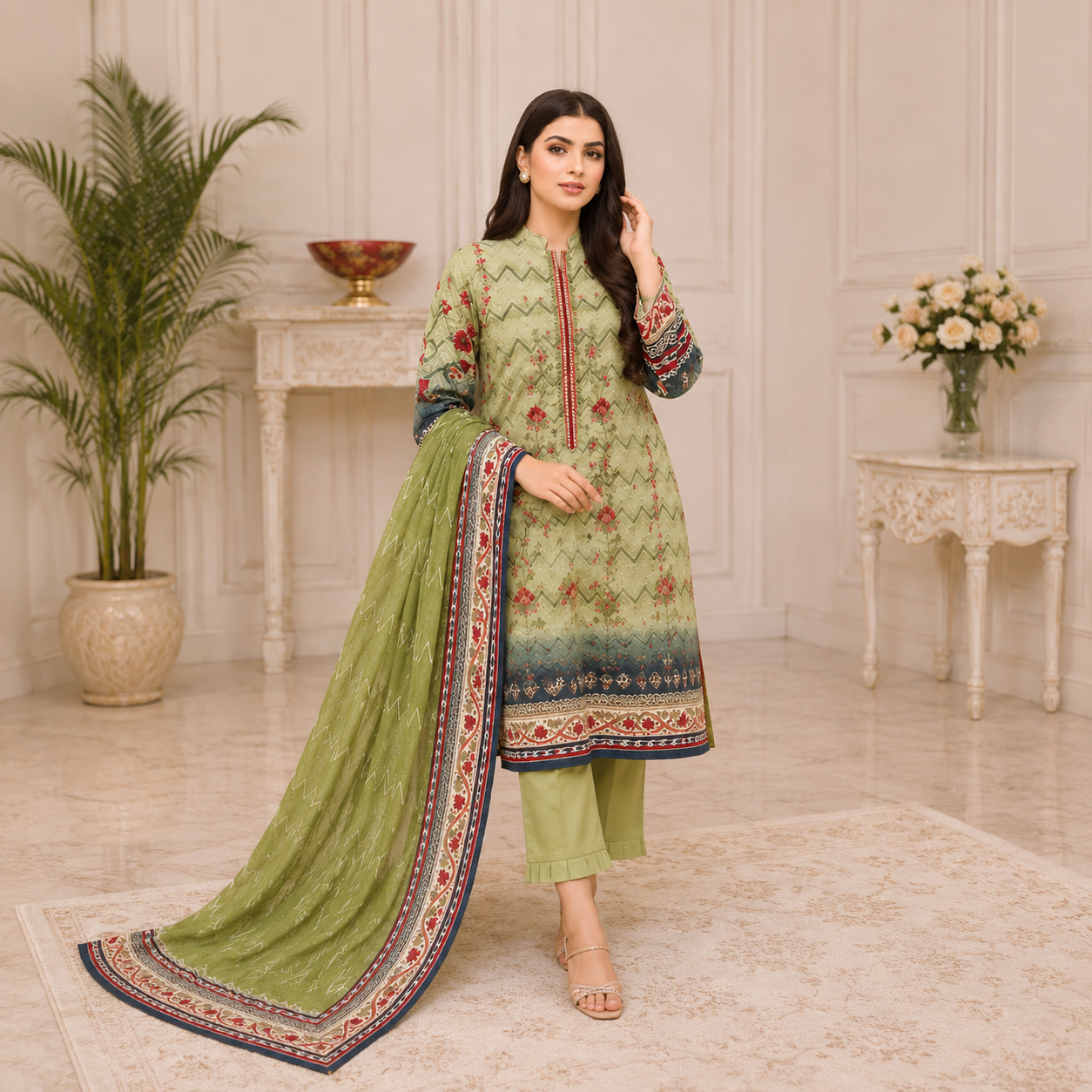 Unstiched 90-70 Lawn shirt,Chiffon Dupatta with Lawn Trouser