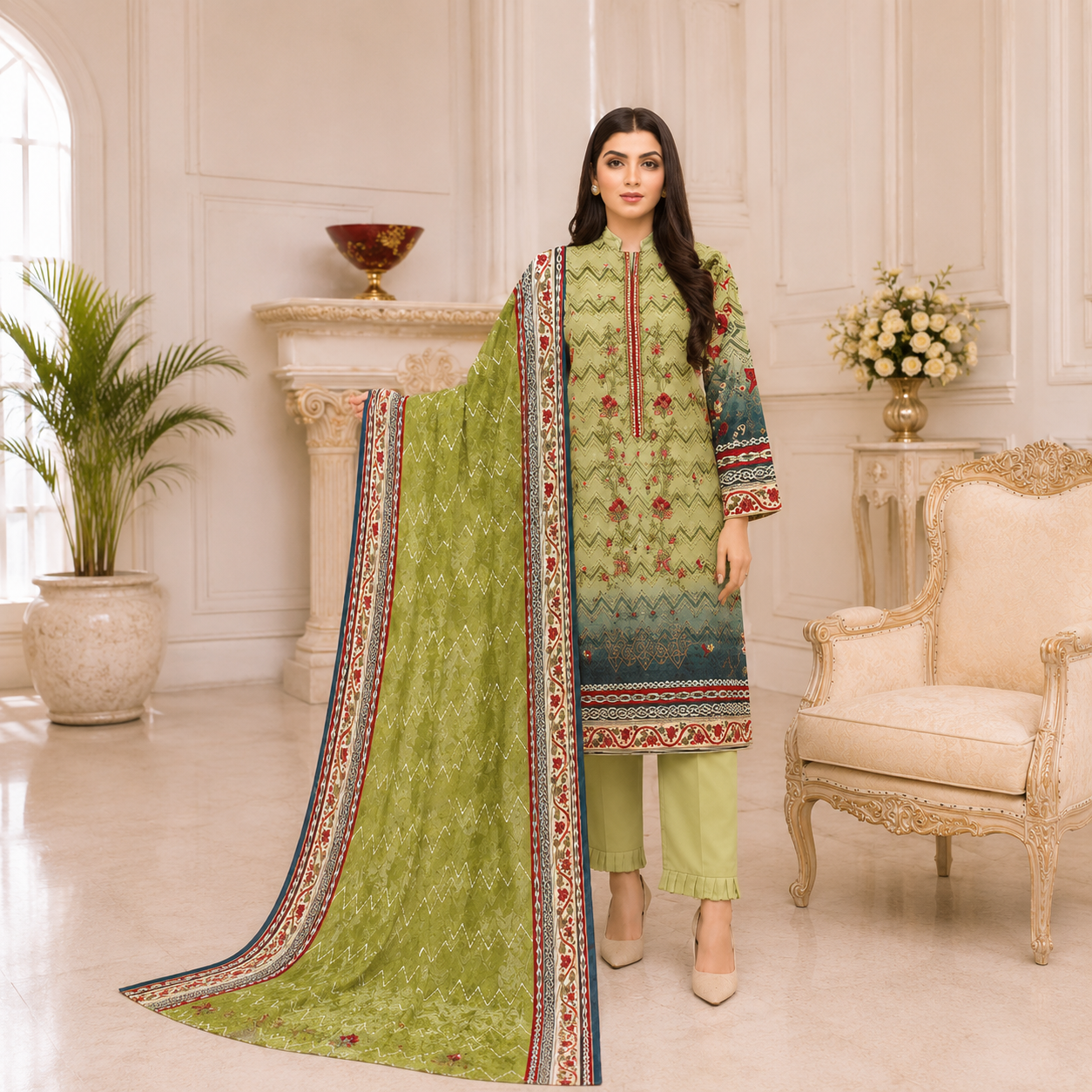 Unstiched 90-70 Lawn shirt,Chiffon Dupatta with Lawn Trouser