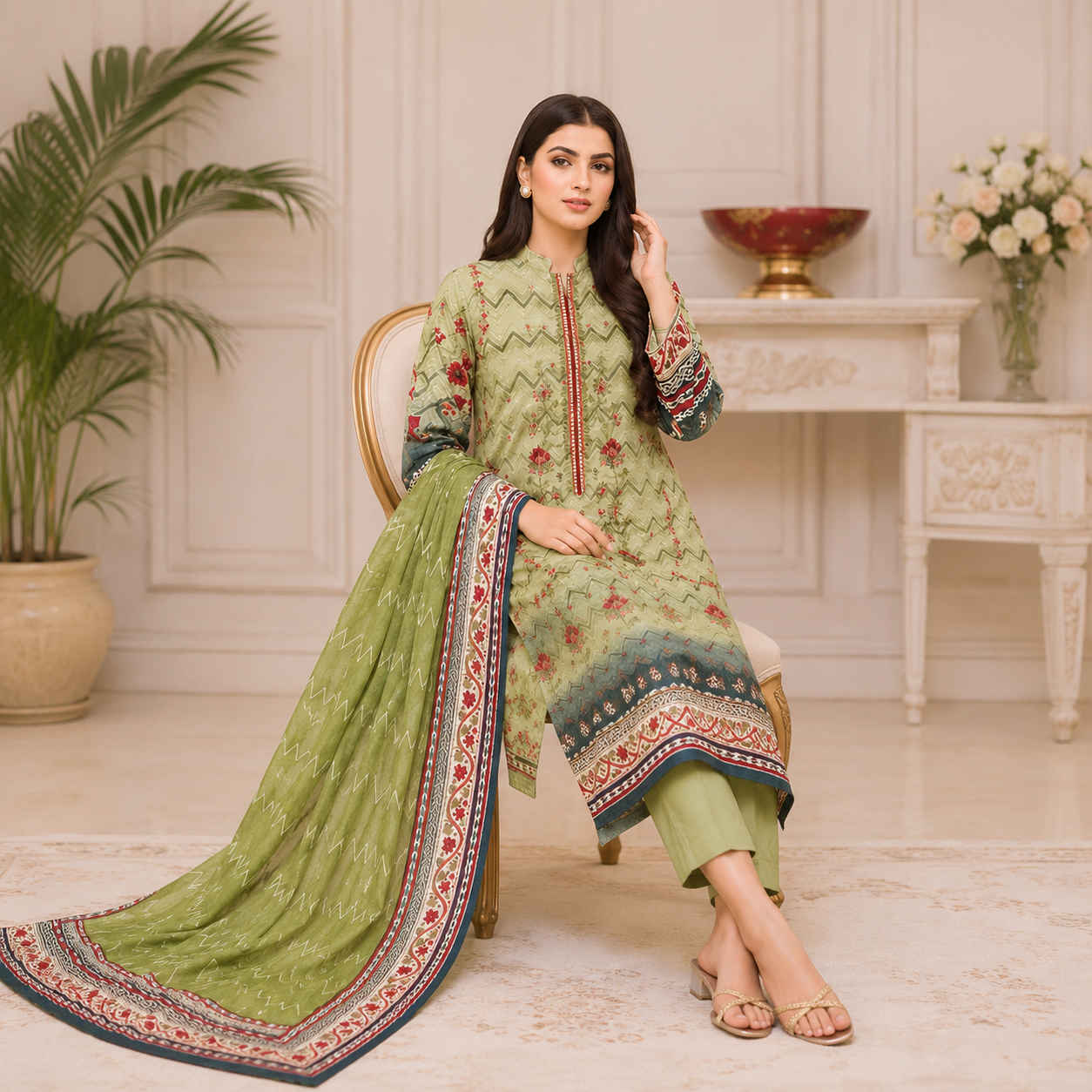 Unstiched 90-70 Lawn shirt,Chiffon Dupatta with Lawn Trouser